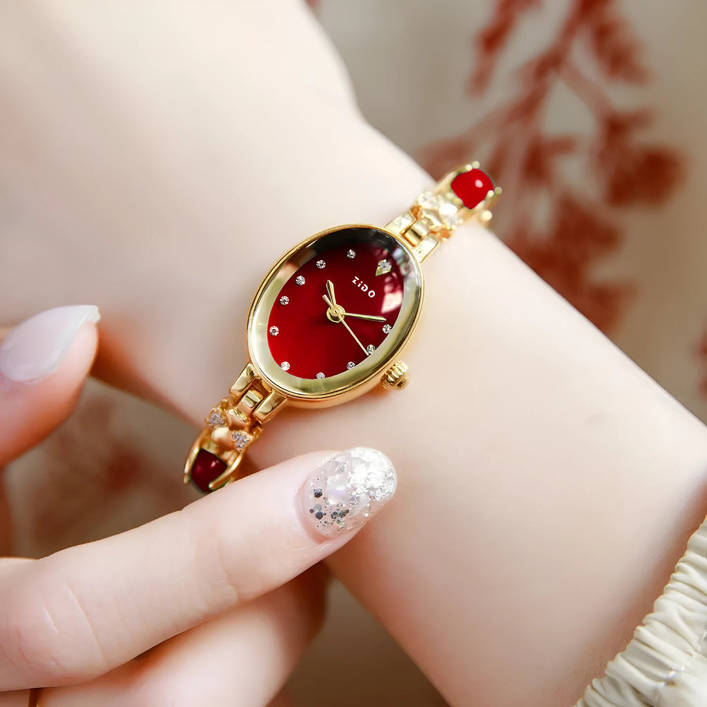 Women's quartz wrist watch with diamond accents, slim 8mm case, available in multiple colours