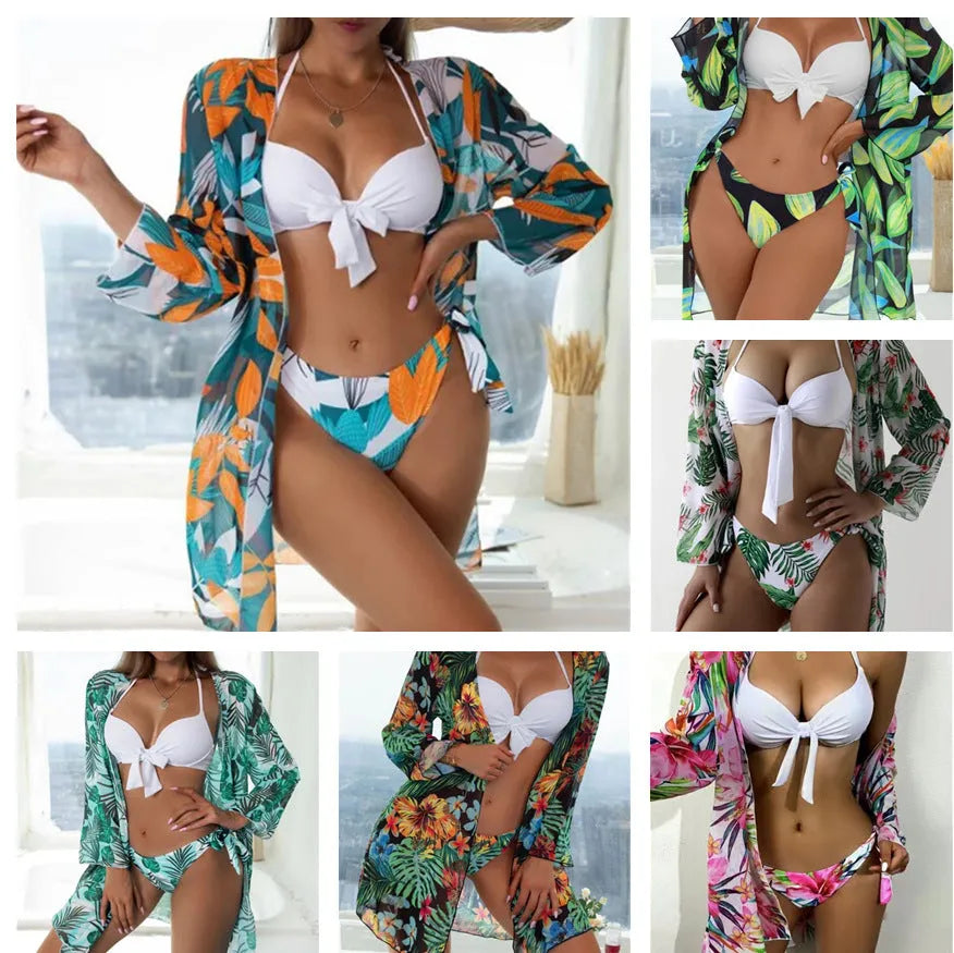 Women's three-piece bikini swimsuit set with mesh panels and matching beach coat in a colour option.