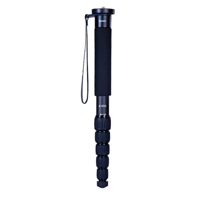 Manbily A-555 aluminium alloy camera monopod in black, extended to full height with three-prong stabiliser attached