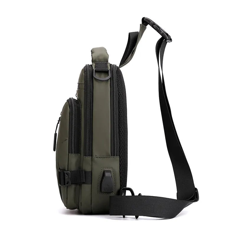 Men's waterproof nylon crossbody chest bag in khaki, medium square vertical section with zip closure and multiple compartments