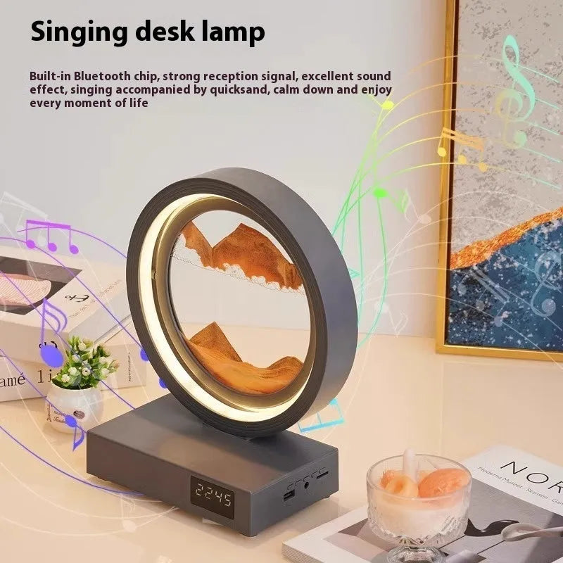 Quicksand painting clock with LED light, wireless charger, and speaker in a white frame