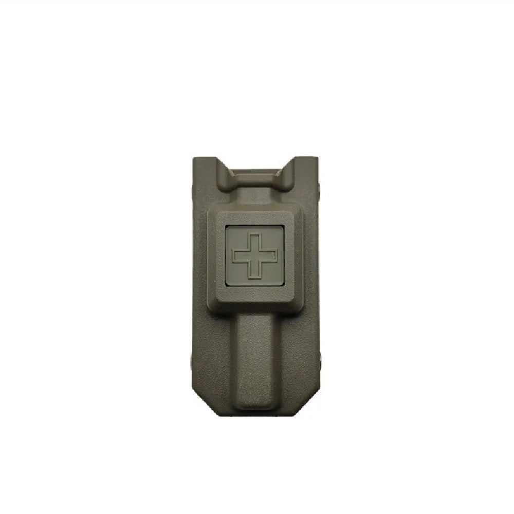Plastic spinning windlass emergency tourniquet shown with its protective storage case.