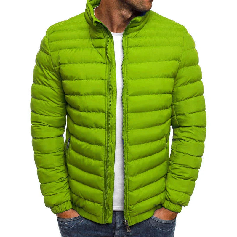 Insulated men's jacket in various color options with features like zippered pockets, long sleeves, and padded lining for warmth and versatility