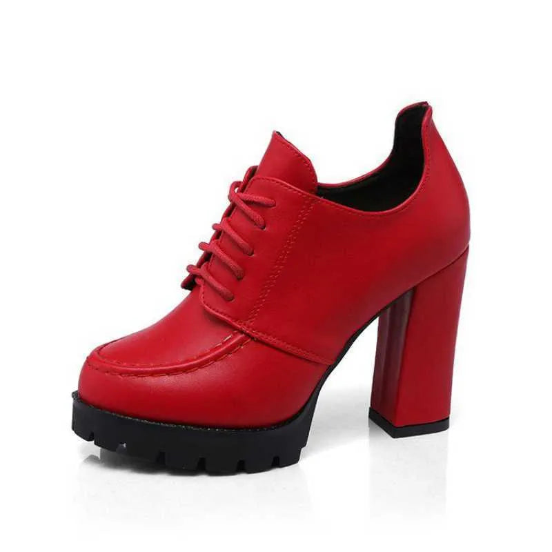 Women's platform high heels with thick heel, round toe, lace-up front, black PU upper, rubber sole