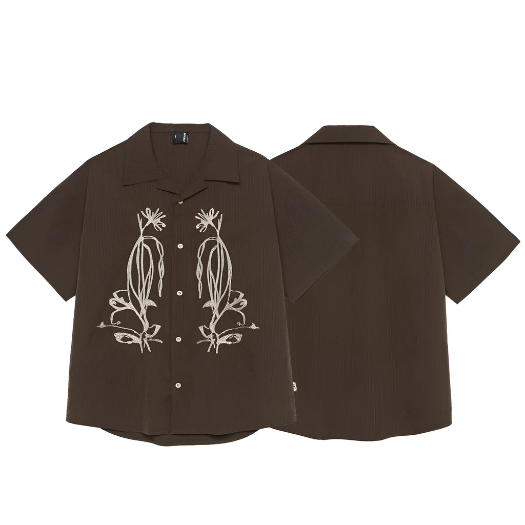 Brown coffee colour striped waterproof short sleeve shirt with Cuban collar for outdoor camping