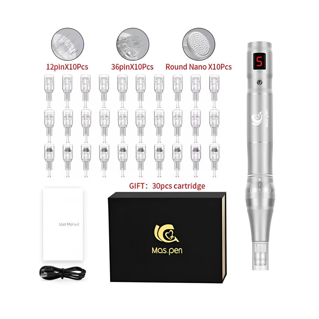 Electric micro-needling pen device with spiral tip cartridge for facial treatments