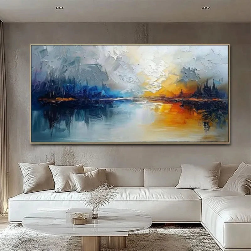 Hand-painted abstract landscape oil painting on canvas, horizontal modern wall art without inner frame, large size options