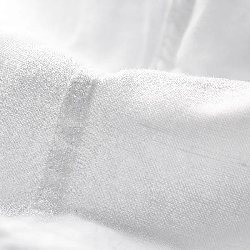 Man's casual short sleeve linen shirt with square collar in sapphire blue