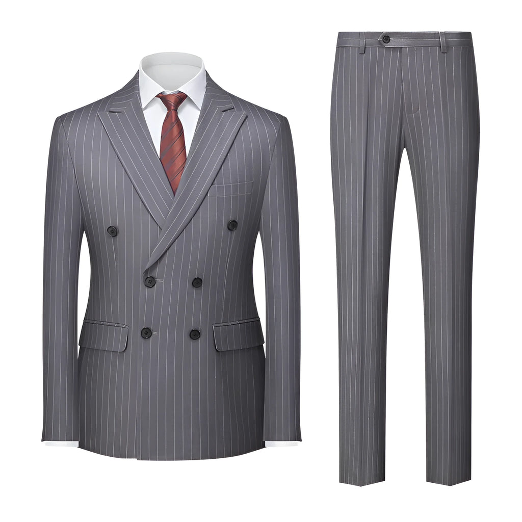 Men's striped slim fit business suit with double-button trousers in multiple colour options