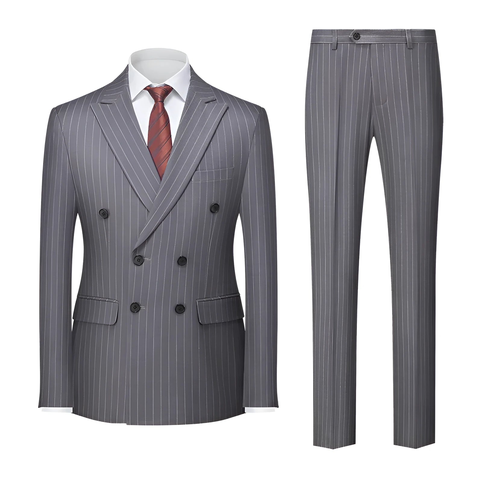 Men's striped slim fit business suit with double-button trousers in multiple colour options