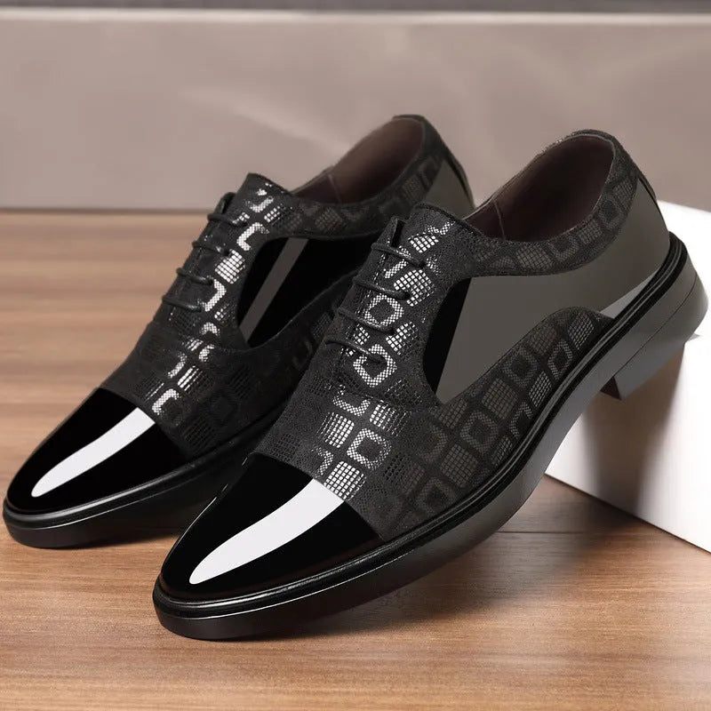 Men's black business PU leather shoes with lace-up style and rubber sole on a plain background