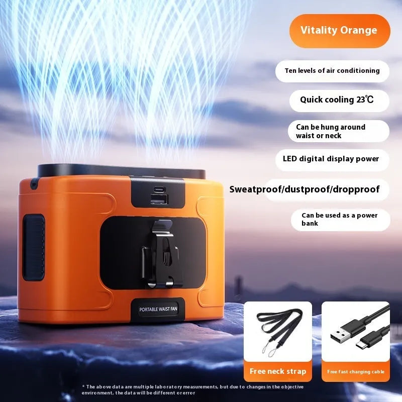 Orange waist hanging fan with ABS blades and brushed motor on a construction site