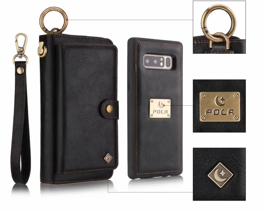Black imitation leather Samsung Galaxy Note8 phone case with card slots, zipper wallet, and car holder function.