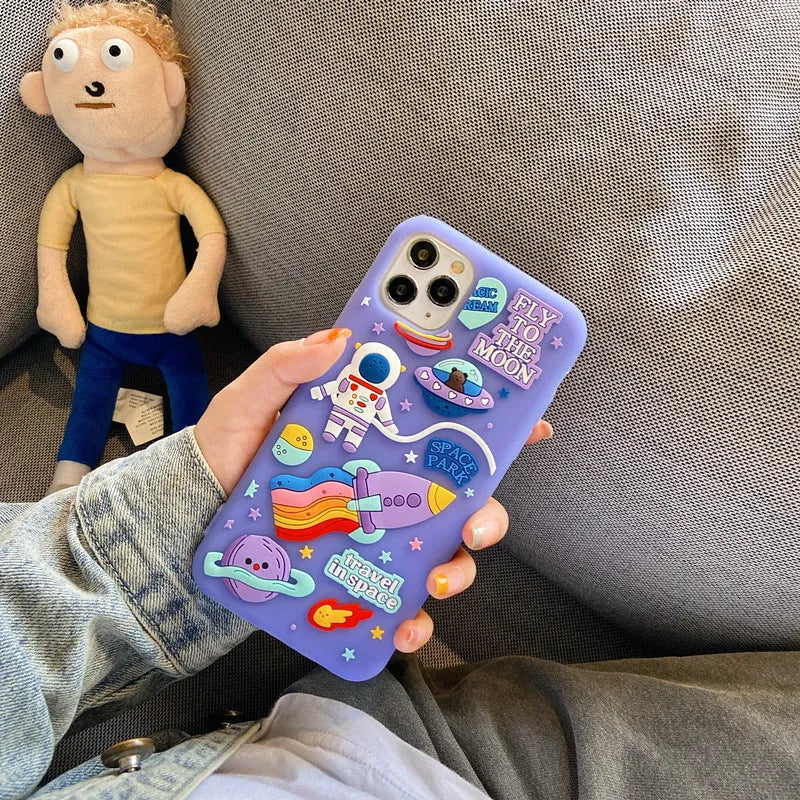Purple translucent silicone iPhone case featuring a cartoon astronaut graphic.