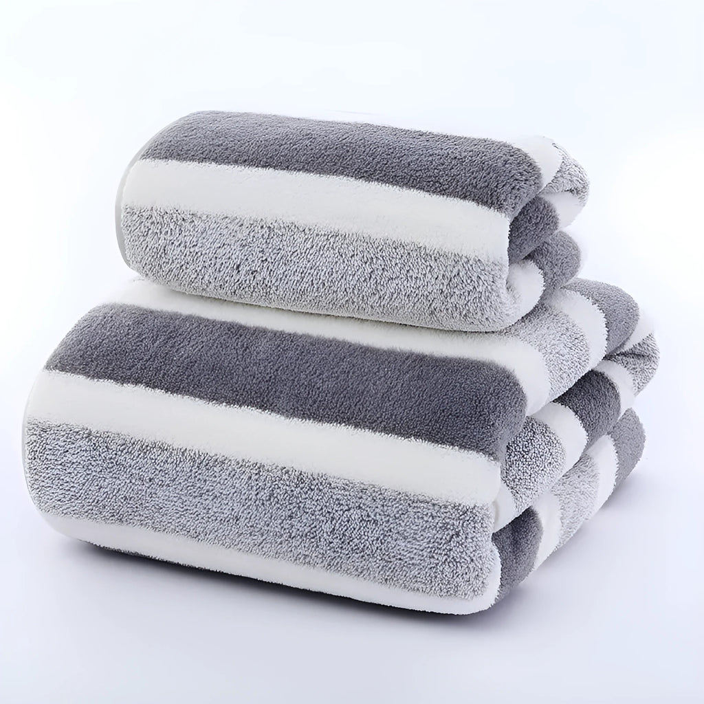 Coral fleece towel with wide stripe dark light pattern in multiple colours