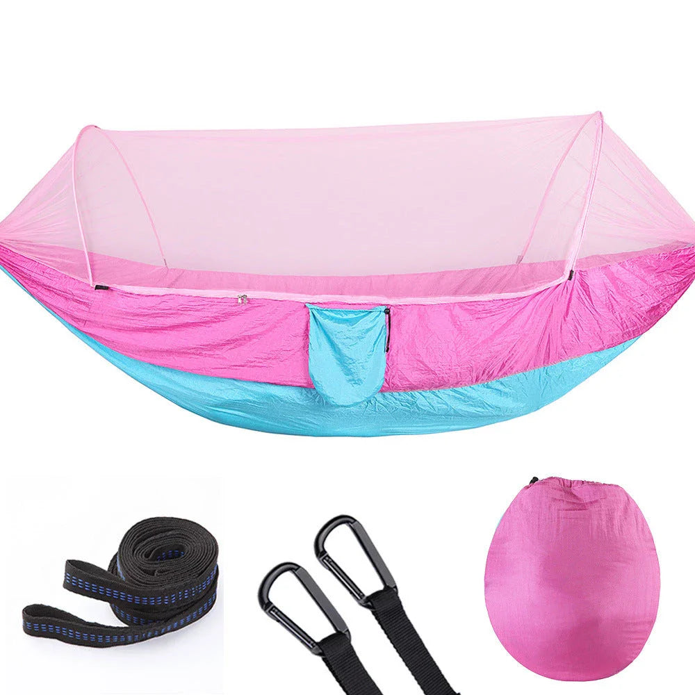 Premium 210T nylon outdoor hammock with mosquito net, featuring a quick pop-up design for easy setup and versatile use in various outdoor settings.