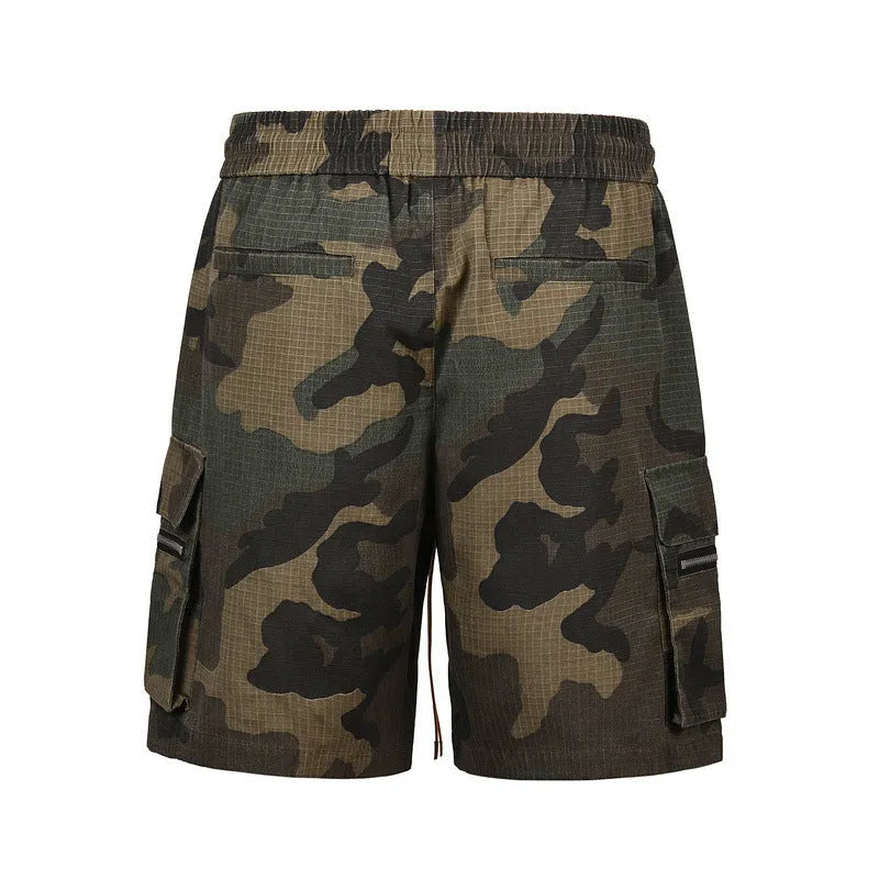 Green H215 washed camouflage cotton work shorts with multiple pockets on a mid-waist loose fit.