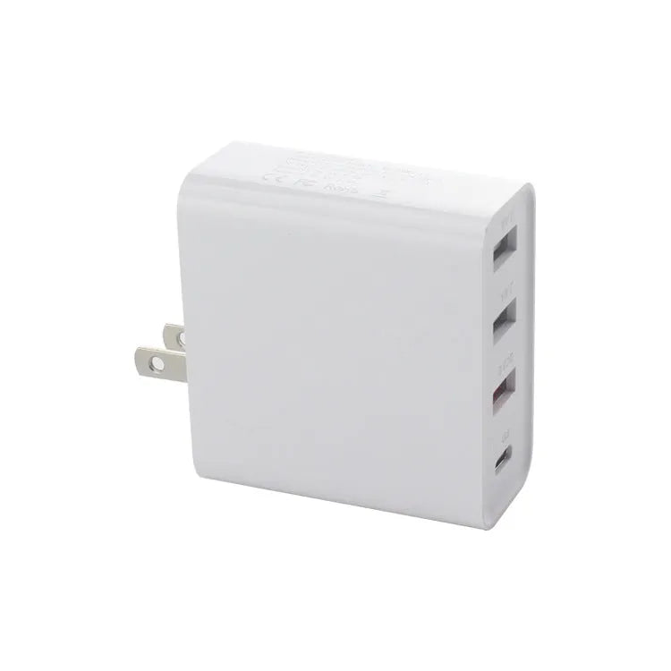 Black or white 48W PD charger with four USB-C ports and interchangeable UK, US, EU, AU plugs.