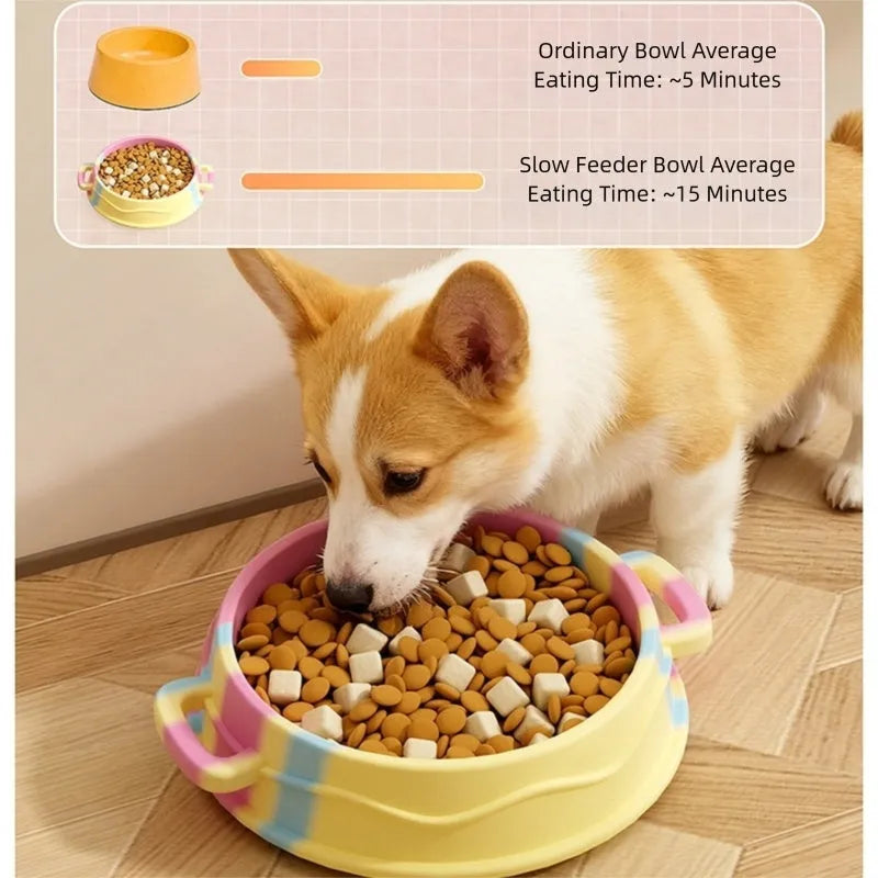Colourful silicone slow food bowl with double-ear handles and maze interior for dogs and cats