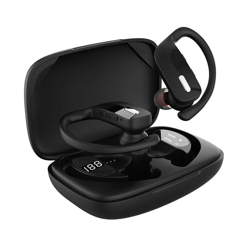 Black wireless Bluetooth headphones with LED digital display and hanging ear design