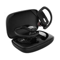 Black wireless Bluetooth headphones with LED digital display and hanging ear design