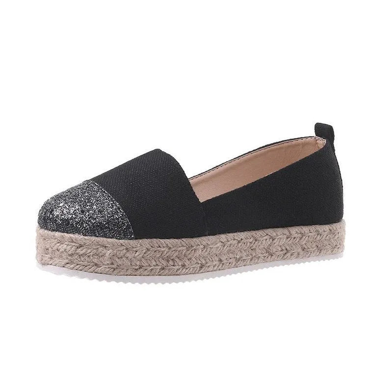 Plus size canvas oversleeve flat shoes in breathable cloth material showing round toe design