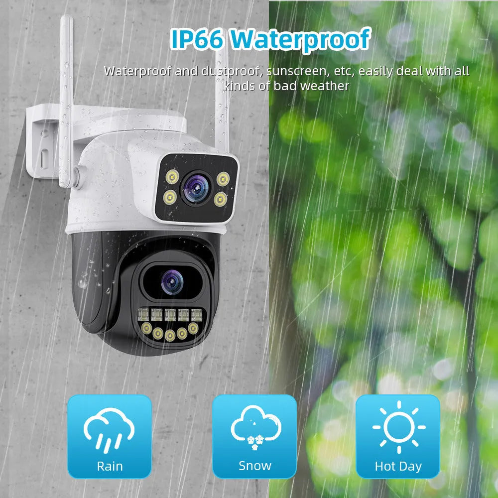 Binocular wireless home surveillance camera with dual light night vision, 5x zoom, and WiFi connectivity in black