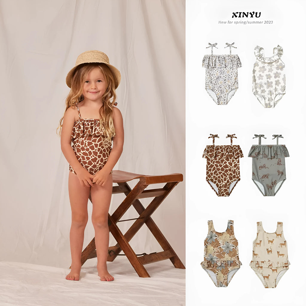 Girls' high elasticity one piece swimsuit in floral print with quick-drying polyester fabric
