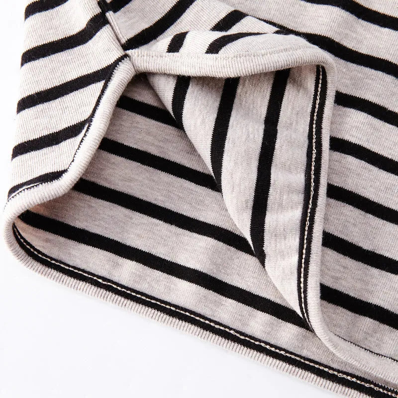 Red and white striped long sleeve cotton t-shirt for a baby girl on a hanger