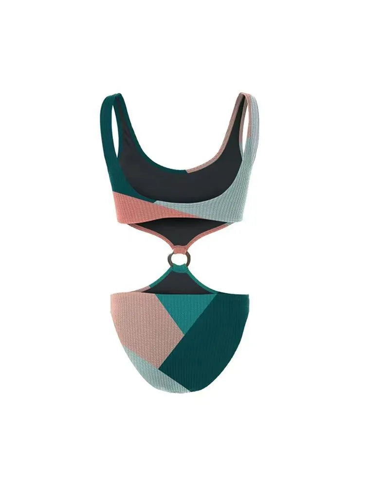 Colour-contrast bikini two-piece set with mesh gauze skirt swimwear