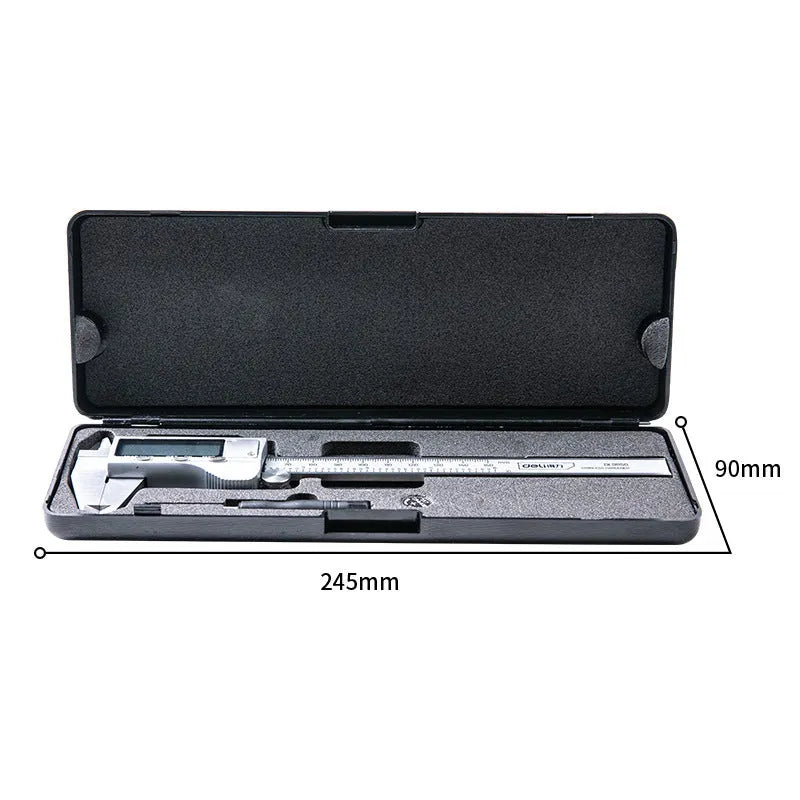 Deli stainless steel digital vernier caliper showing digital display and measuring jaws
