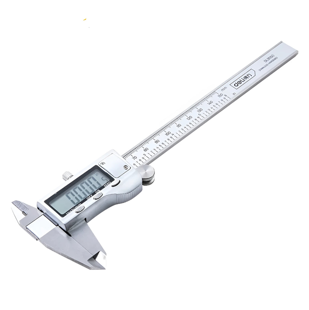Deli stainless steel digital vernier caliper showing digital display and measuring jaws