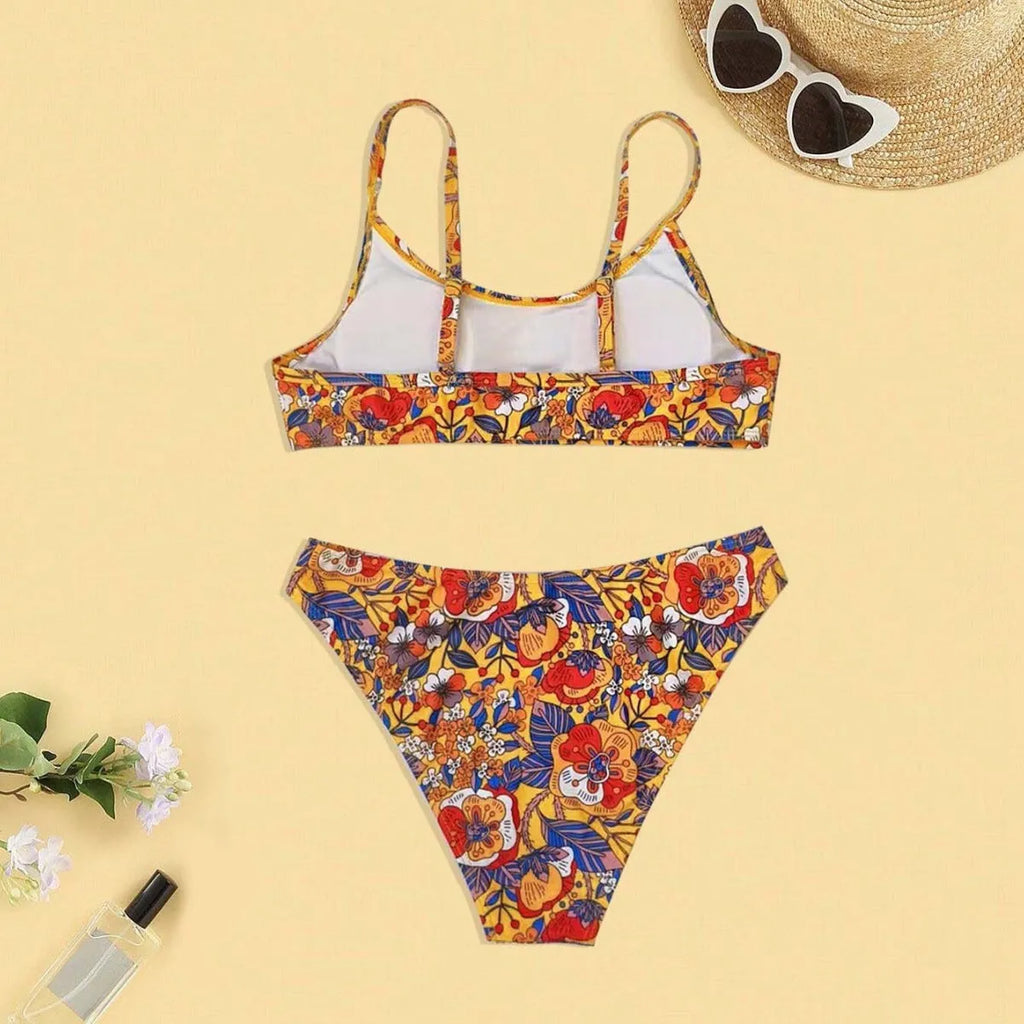 Plus size women's floral print strap bikini swimsuit set with bra and briefs