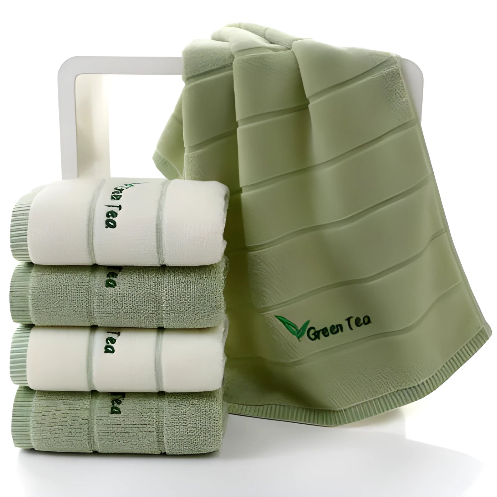 Pure cotton 32-strand embroidered face washing towel in green, 34x74cm, soft absorbent fabric