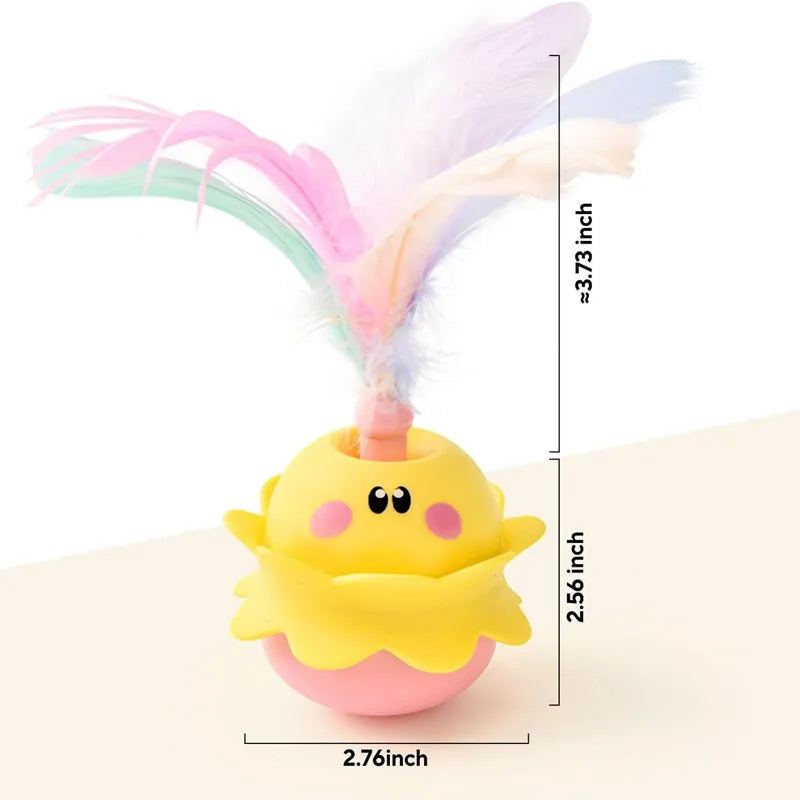 Pink interactive automatic cat feather toy with LED lights, chirping sound, and 360° rotation for indoor cats.