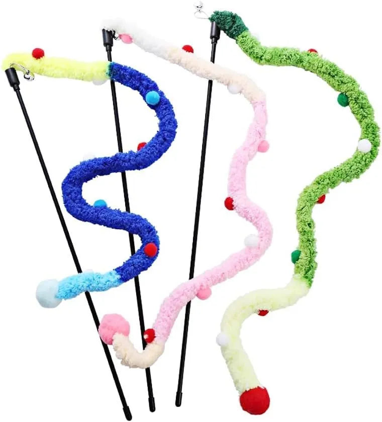 Blue cat teaser wand with long plush strip and bell on a 41cm pole.