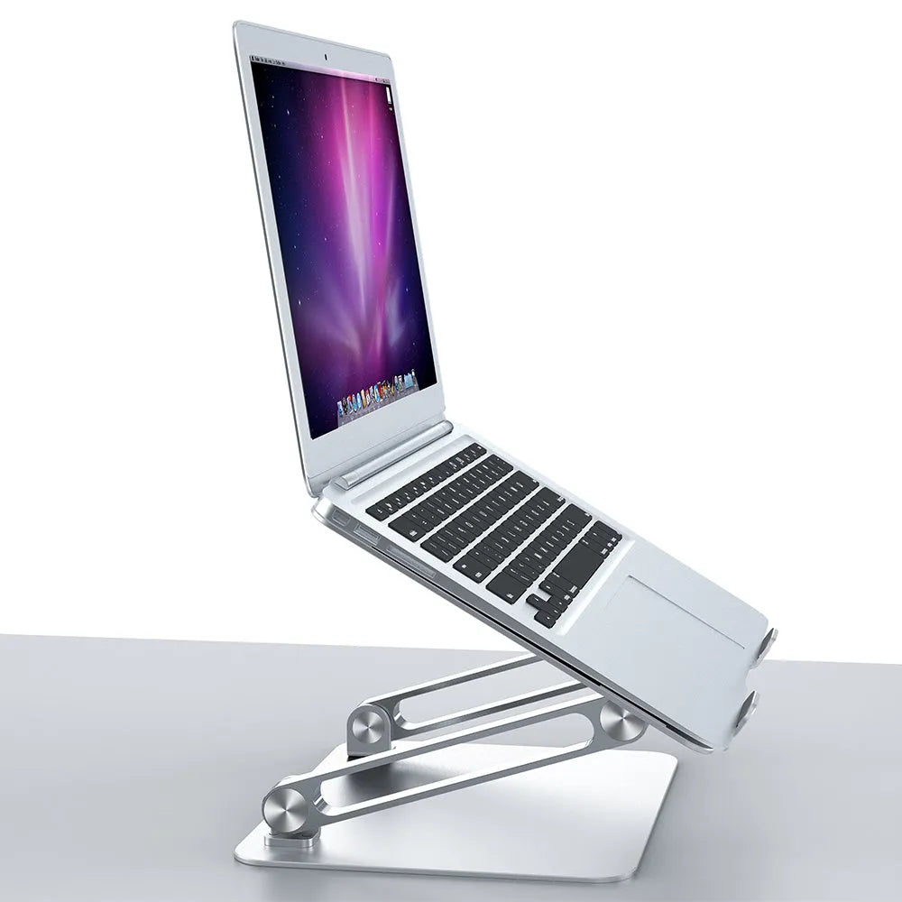 Folding lifting aluminum alloy laptop stand in silver with adjustable height mechanism