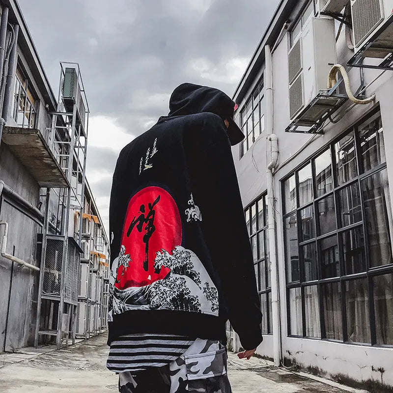 Men loose fit polyester hoodie with hood, digital print, patch pocket, black colour for spring autumn sports