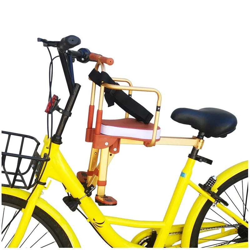 Aluminium alloy front-mounted children's bicycle seat in black with fence, folded on a table