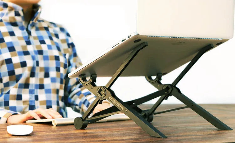 Black reinforced nylon folding laptop stand in open and closed positions