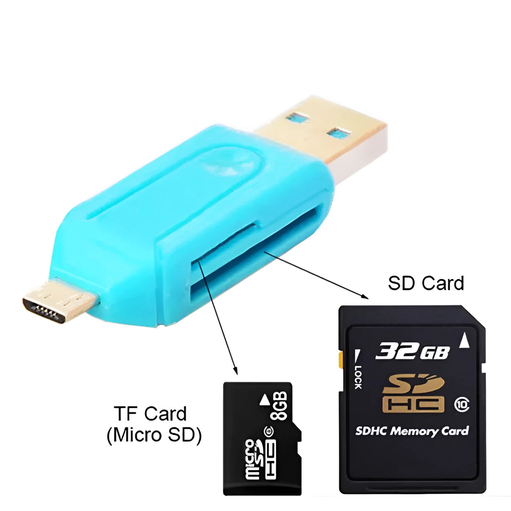 White USB OTG card reader with micro USB connector for Android phones and computers