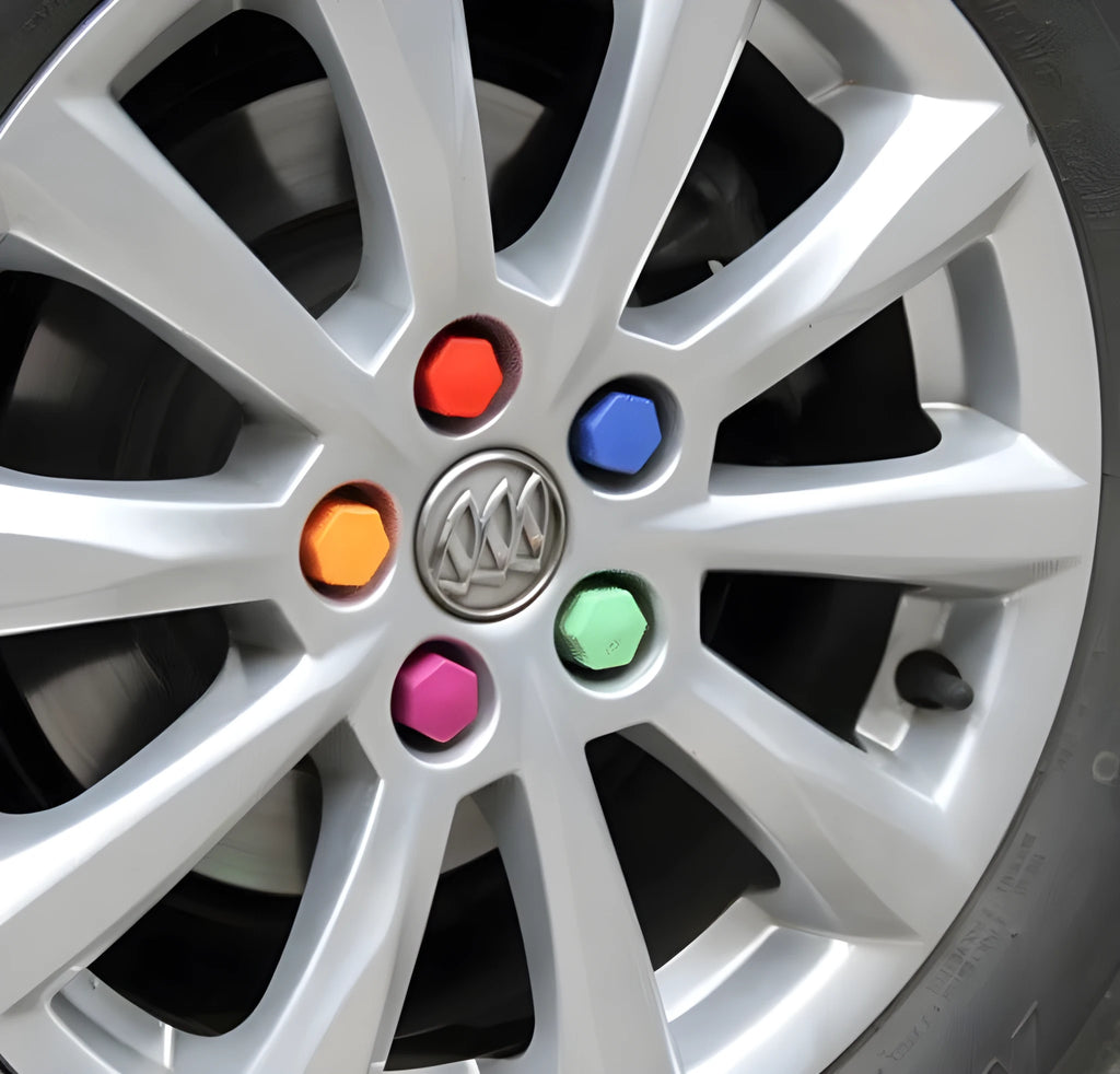 Set of 20 silicone car wheel nut covers in various colours including blue green red violet yellow for rims exterior bolt caps