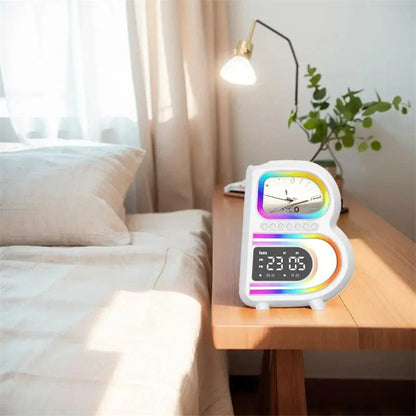 B-shaped Bluetooth desk lamp with wireless charging, adjustable lighting, and alarm clock features