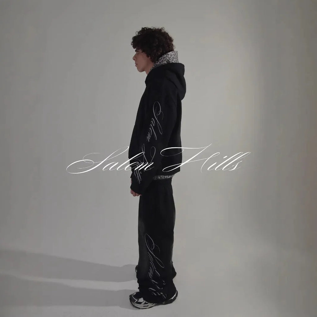 Men's punk print hoodie and matching trousers set in loose fit.
