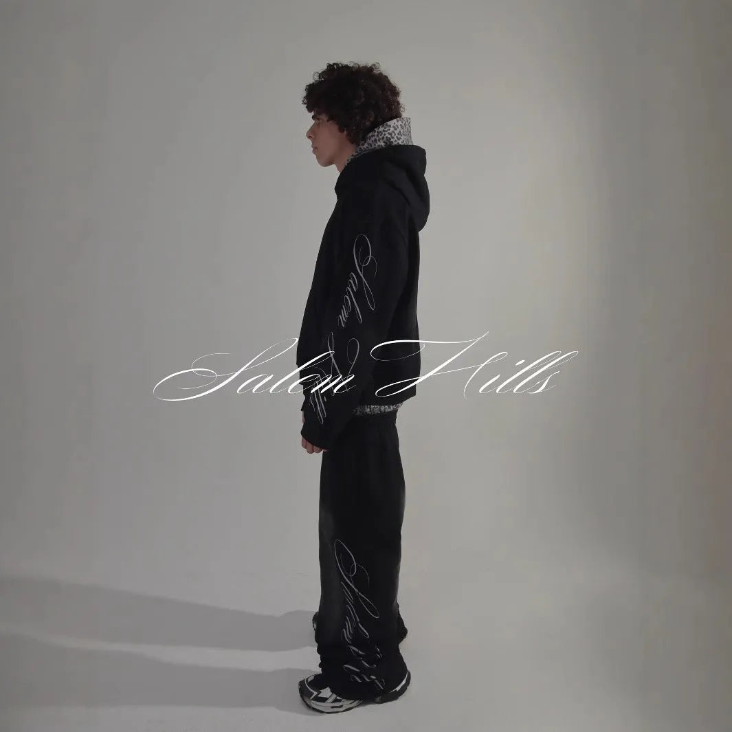Men's punk print hoodie and matching trousers set in loose fit.