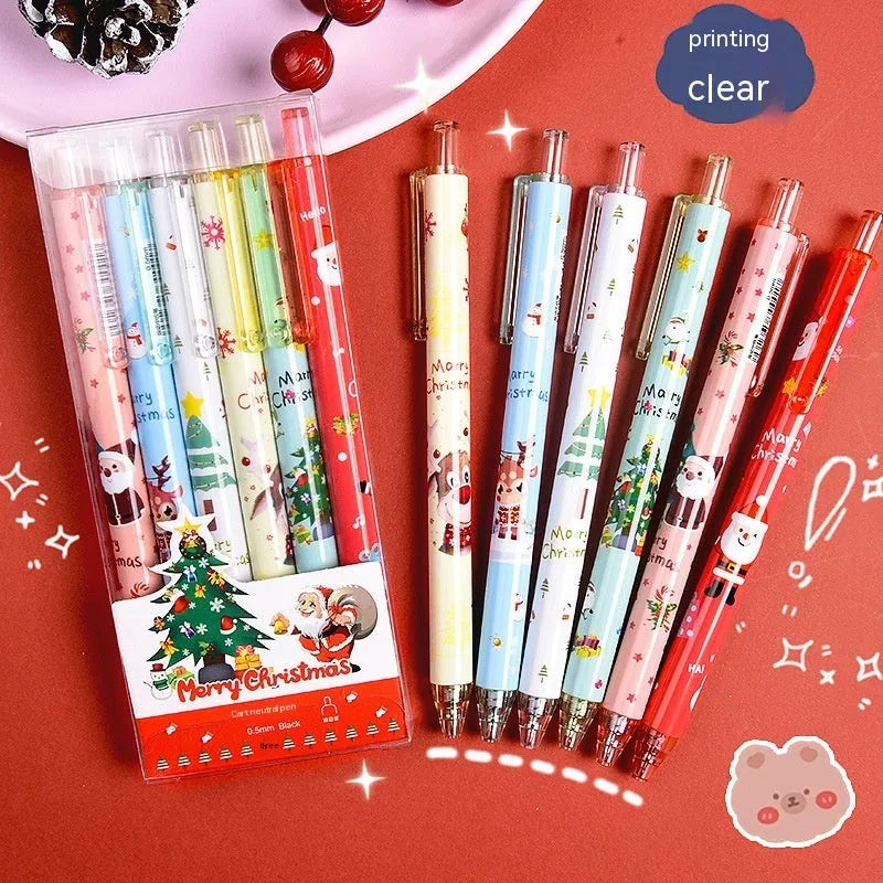 Six colourful cartoon press gel pens with black ink in plastic shells as Christmas gift set