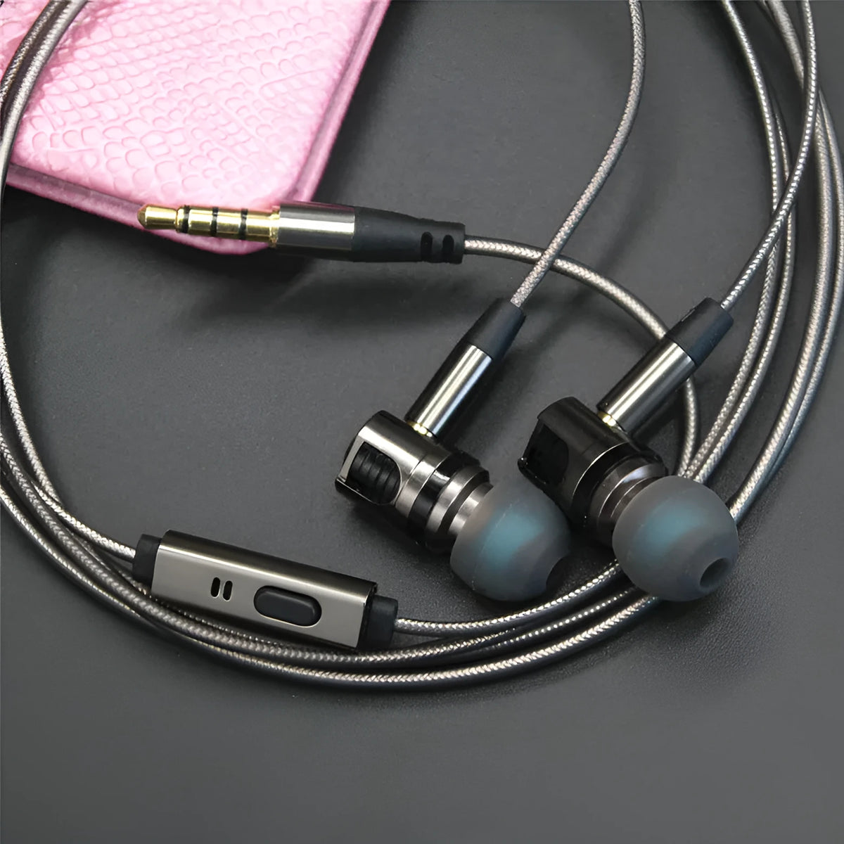 Titanium grey 846 in-ear metal earphones with aluminium foil and TPE cable and plug-in connector.