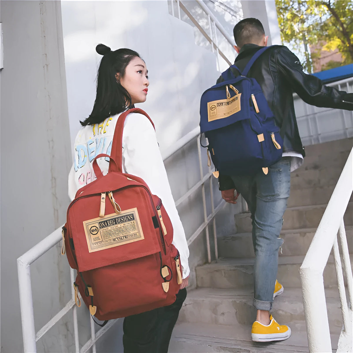 Korean canvas backpack large capacity travel computer bag with rain cover, zip closure, double straps, and multiple colours.
