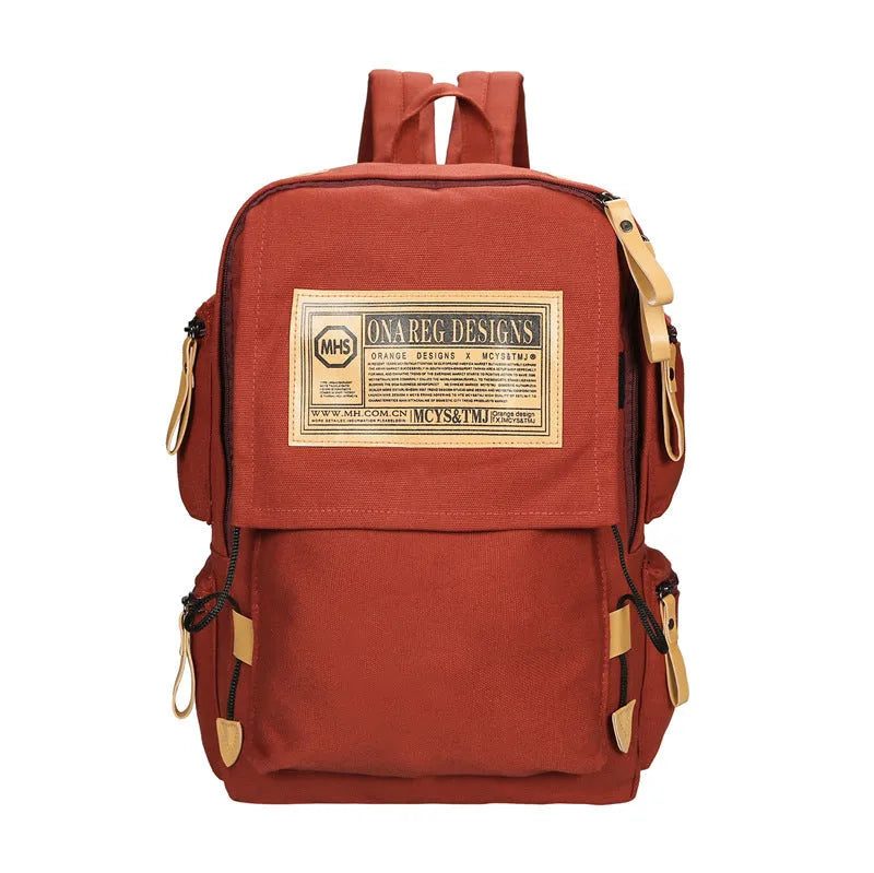 Korean canvas backpack large capacity travel computer bag with rain cover, zip closure, double straps, and multiple colours.
