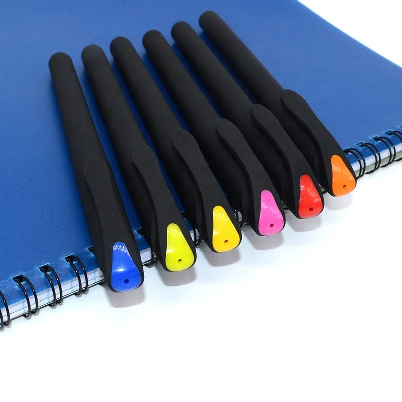 10 plastic gel pens in various colours showing 14cm length with black ink refills for advertising gifts